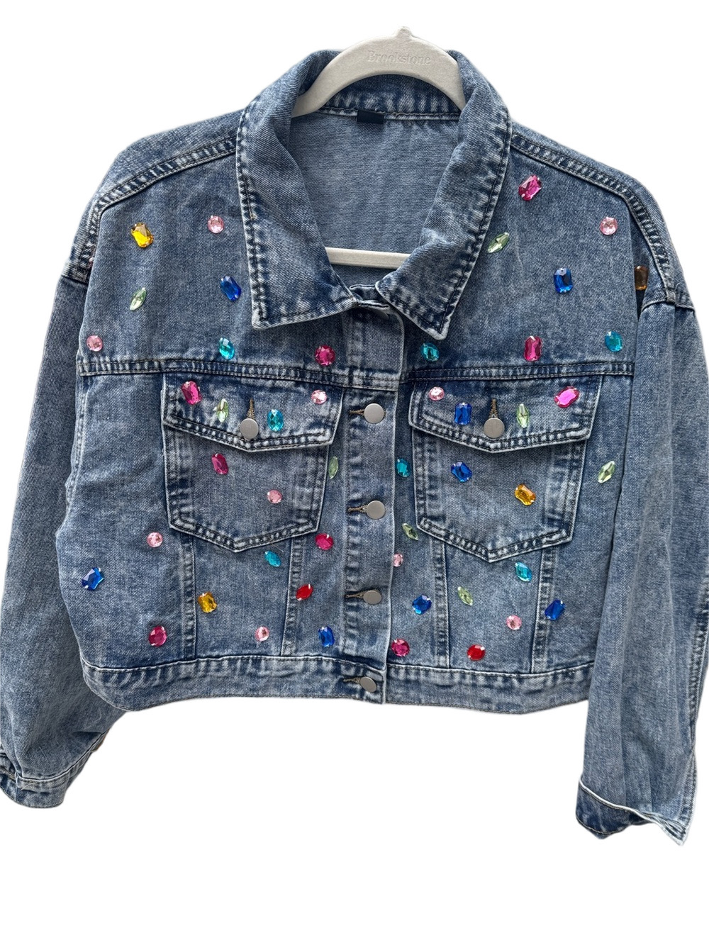 Cropped Acid Wash Denim Jacket with Multicolor Sequin Rhinestones Size 1 XL NWOT